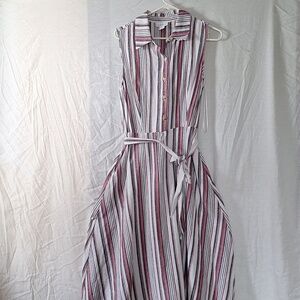 Linen Midi Dress, Striped, Sleeveless, Flared Skirting, Tie Belt, NWOT